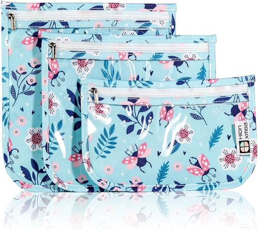 TSA Approved Toiletry Bag, Set of 3 Clear Travel Toiletry Bag Quart Size Zipper Travel Pouch, Waterproof Makeup Cosmetic Bag for Women Men Kids Toiletries Carry on, Floral World