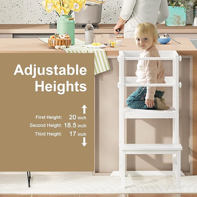 Kitchen Step Stool for Toddlers, [Thicker Tube Upgraded] Anti-Tip Toddler Tower with Safety Rail, Height Adjustable Helper for Kids, Learning Tower, Kids' Desk White Bigger