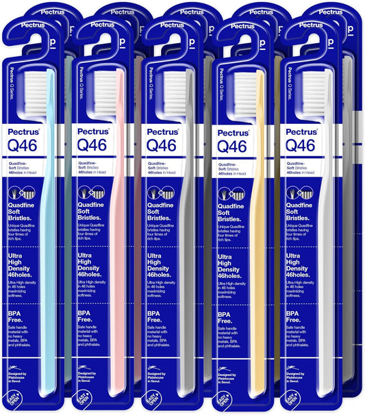 Soft Toothbrush Pack, 10 Count, Advanced Quad-fine Bristles Technology, Tapered Bristles for Sensitive Teeth, Gums & Deep Plaque Removal, Self Flossing Manual Toothbrushes, Assorted Colors