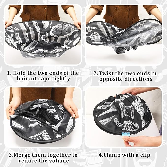 FEBSNOW Hair Cutting Cloak Cape, Black Prints Adjustable Haircut Cape Foldable Umbrella for Adults Kids Home Salon Barber Supplies