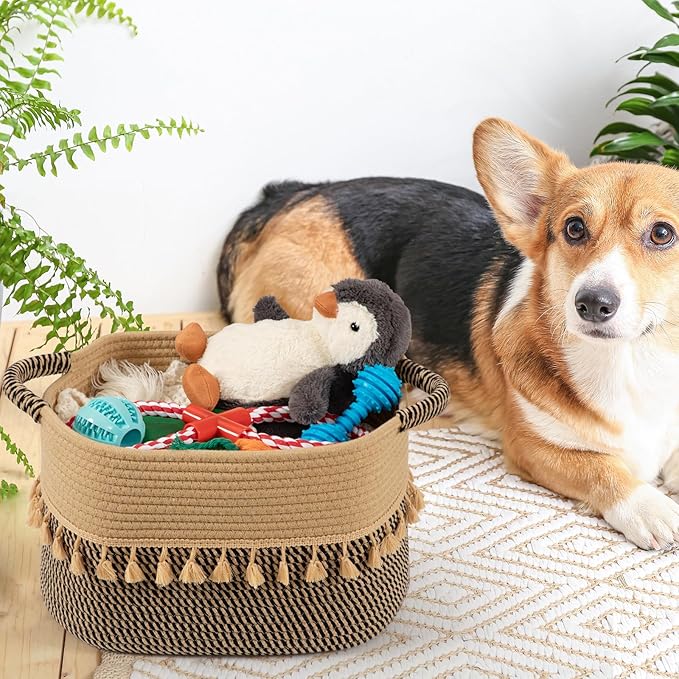 TeoKJ Set of 3 Baskets for Organizing, Decorative Rope Baskets for Storage, Storage for Pets, books, Pillows, Toys & Cloths, Black & Jute