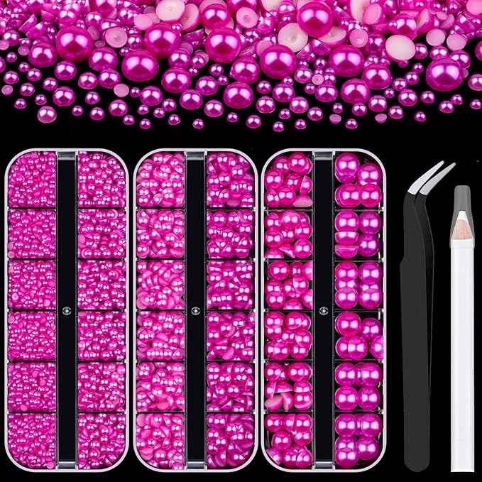 3 Boxes Flat Back Pearls Kit 11 Flatback Rose Red Half Round Pearls 3-10mm with Pickup Pencil and Tweezer for Home DIY and Professional Nail Art, Face Makeup and Craft