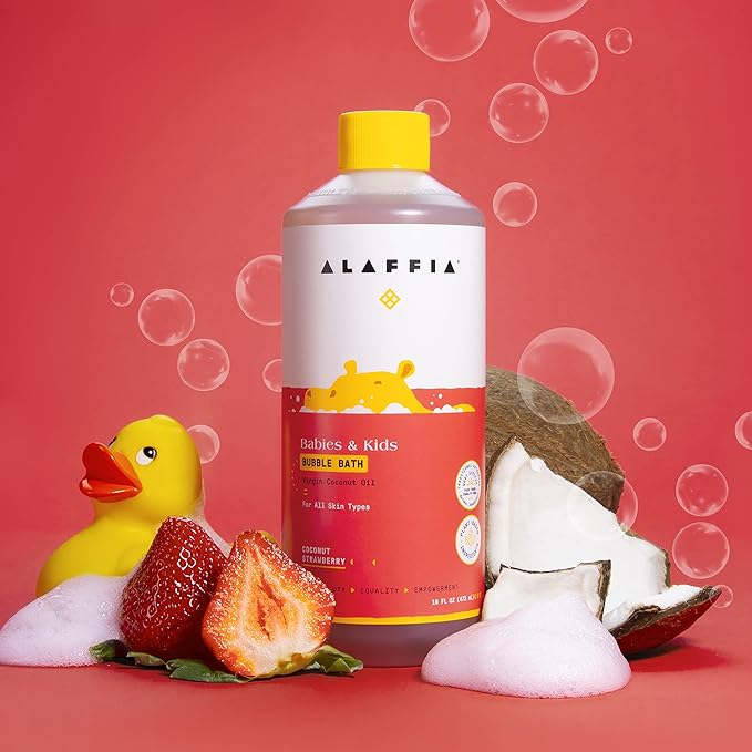 Alaffia Babies and Kids Bubble Bath, Gentle Bath Essentials for Delicate Skin, Plant-Based Formula, Paraben & Sulfate-Free, Vegan, with Long-Lasting Bubbles, Coconut Strawberry, 2 Pack - 16 Fl Oz Ea