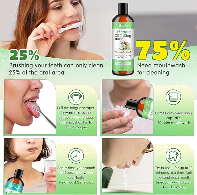Pulling Oil for Teeth with Natural Coconut&Peppermint Essential Oils and Vitamin D, E, Alcohol Free Mouthwash，Helps with Fresh Breath, Teeth Whitening, Gum Health- with Tongue Scraper, (8 Fl. Oz) (1)