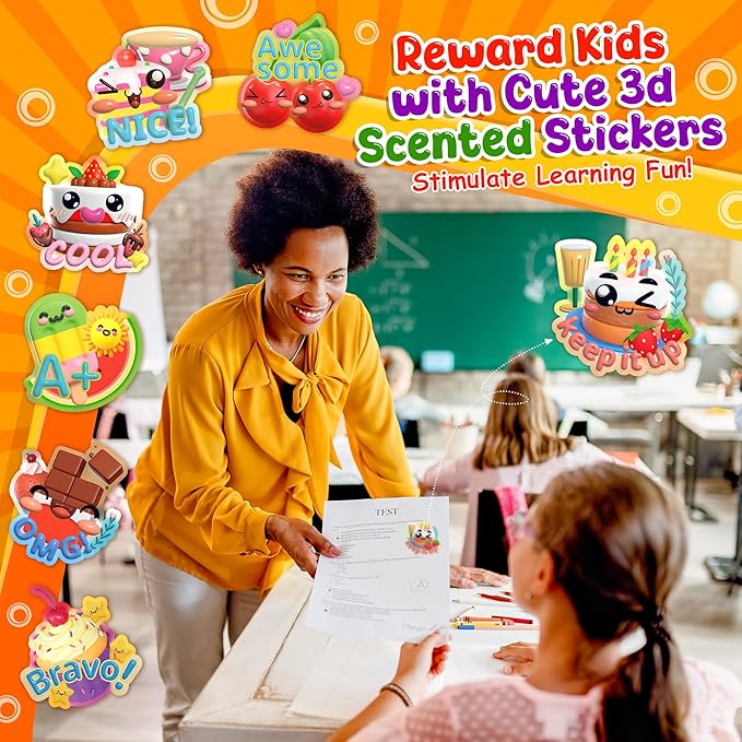 HORIECHALY 240 Pcs 3D Large Food Scratch and Sniff Stickers, Motivational Reward Scented Sticker for Kids & Teachers, Smelly Stickers for Classroom, Birthday, Student Party, School
