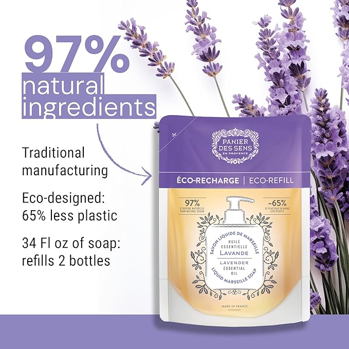 Panier des Sens - Liquid Hand Soap Refills - Lavender Foaming Hand Soap - French Moisturizing Hand Wash with Coconut Oil - Kitchen & Bathroom - Soft Soap Refill 97% Natural - 34 Fl.oz