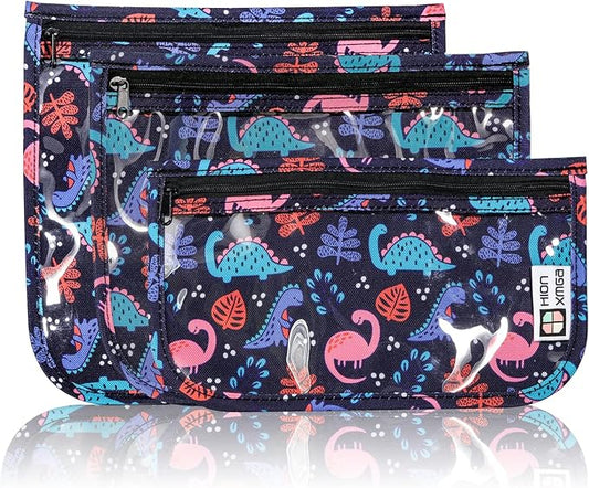 TSA Approved Toiletry Bag, Set of 3 Clear Travel Toiletry Bag Quart Size Zipper Travel Pouch, Waterproof Makeup Cosmetic Bag for Women Men Kids Toiletries Carry on, Dinosaur