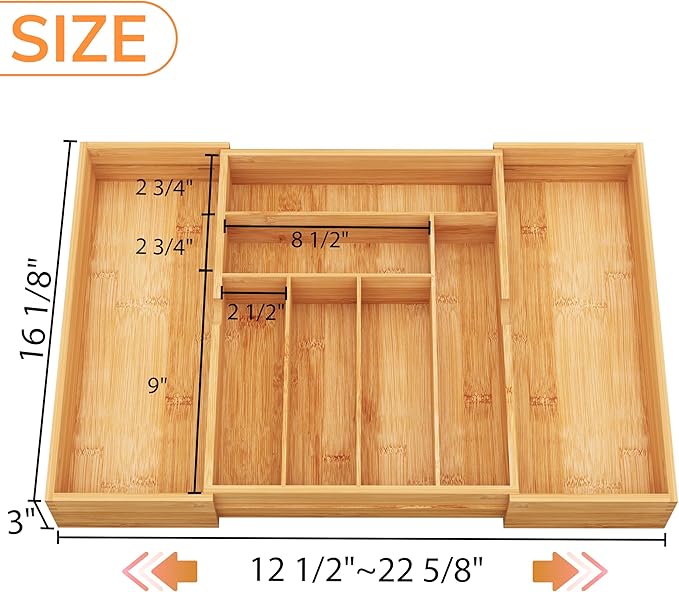 BAMEOS 3" Deepth Expandable Drawer Organizer, Deep Flatware Organizer, Adjustable Silverware Organizer, Bamboo Drawer Organizer for Kitchen, Bathroom (Natural)