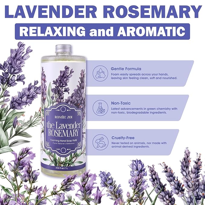 ROMIIE ZOI Foaming Hand Soap Refill Gift Set-3 Pack with Dispenser, Cruelty-Free and Biodegradable Formula, Moisturizing with Essential Oil for Sensitive Skin,Lavender Rosemary Scent,(33.8 Fl Oz x 3)