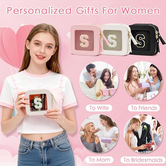 Initial Travel Toiletry Bag - Cosmetic Bags for Girls with Zipper, Clear & Potable Girls Makeup Bag for Travel, Small Cosmetic Pouch Perfect Gifts for Graduation (Beige, S)