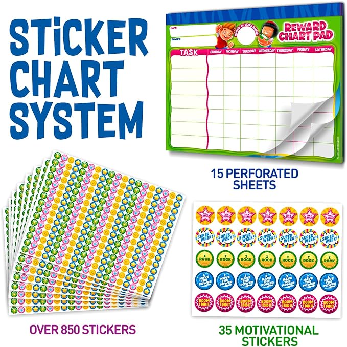 Behavior Reward System - Pad with 15 Chore Charts for Kids, 850 Stickers to Motivate Responsibility & Good Habits