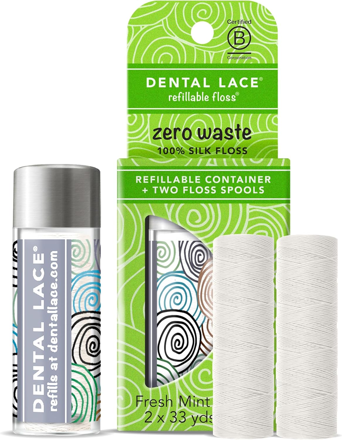 Dental Lace Refillable Silk Dental Floss – 100% Silk Floss with Mint Flavor, PFAS & PTFE Free – Includes 1 Refillable Glass Floss Container and 2 Spools (Total 66 Yards) – Recyclable Packaging