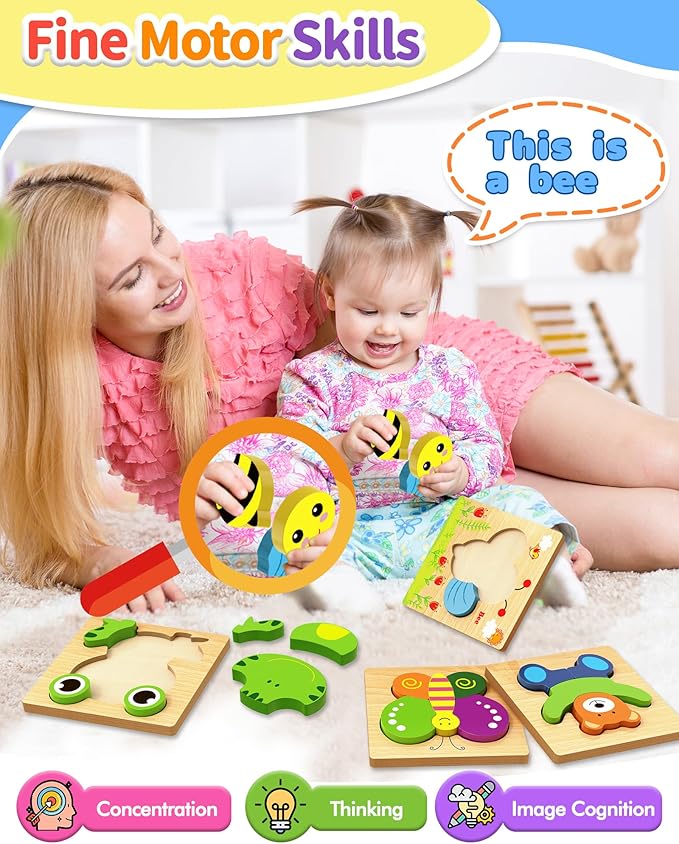 Bekayshad Wooden Puzzles Toddler Toys Gifts for 1 2 3 Year Old Girls Boys, 12 Pack Animal Jigsaw Puzzles Montessori Toys, Learning Educational Birthday Gifts for Girls Boys Ages 1-3