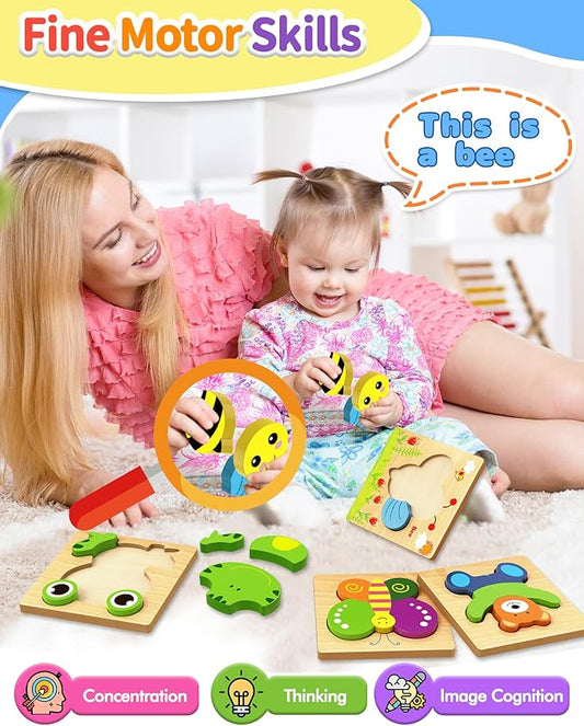 Bekayshad Wooden Puzzles Toddler Toys Gifts for 1 2 3 Year Old Boys Girls, 4 Pack Animal Jigsaw Puzzles Montessori Toys, Learning Educational Christmas Birthday Gifts for Girls Boys Ages 1-3