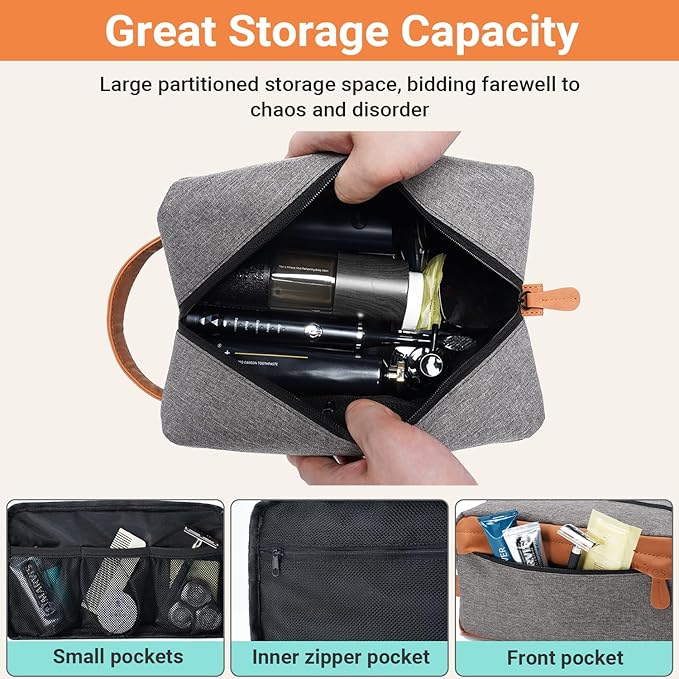 Elviros Travel Toiletry Bag for Men Hanging Dopp Kit Water Repellent PU Leather Shaving Bag with Large Capacity for Travel and Bathroom, Grey