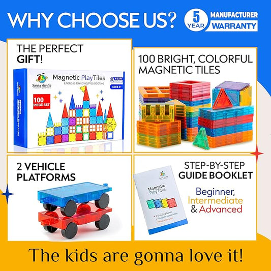 Magnetic Tiles 100 PCS with 2 Cars, Magnetic Tiles for Kids & Toddlers, Toy for 3 4 5 6 7 8 Year Old Boys & Girls, Gift Box