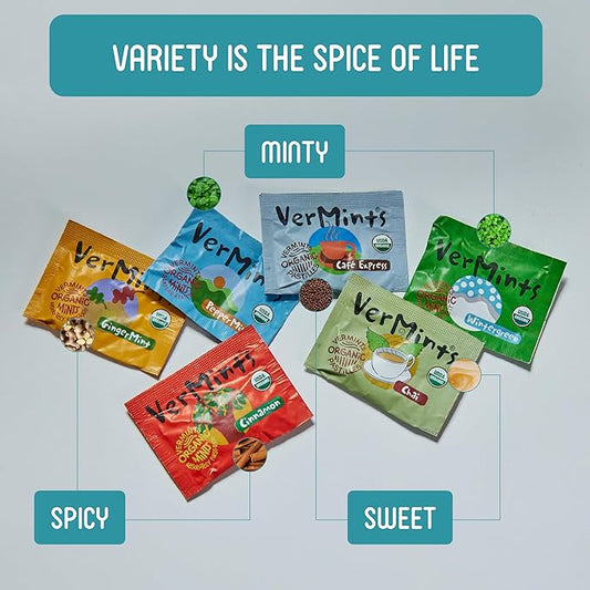 VerMints Organic Breath Mints – Travel Size Peppermints, Ginger Mints, Wintergreen, Cinnamon, Chai & Cafe Express Flavored Candy - Non-GMO, Gluten-Free, Vegan & Kosher Healthy Refresh - 120 Count
