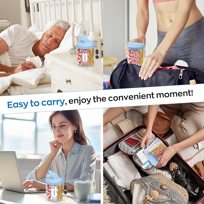 Pill Dispenser with 7 Large Compartments, Pill Organizer for Travel, Supplement Organizer with Anti-Mixing Design, BPA-Free Pill Container with 20 Pcs Labels, Blue+Pink