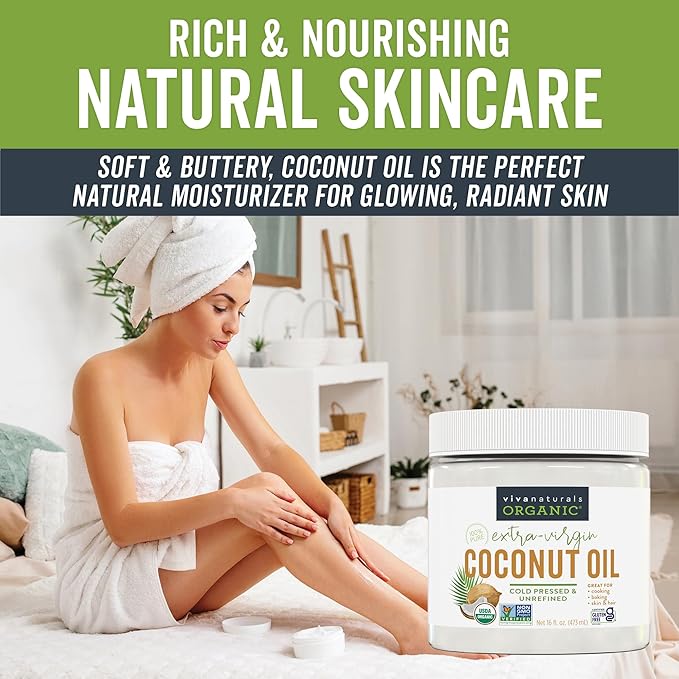 Viva Naturals Organic Coconut Oil, 16 fl oz – Unrefined, Cold-Pressed Extra Virgin Coconut Oil, USDA Organic & Non-GMO, Natural Cooking Oil, Hair Oil & Skin Oil