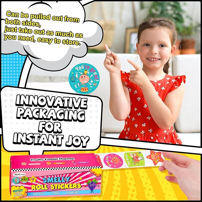 HORIECHALY 3 Rolls Scratch and Sniff Stickers for Kids, 600PCS Smelly Scented Stickers, Kid's Reward Sticker, Classroom Teacher Must Haves, School Supplies Incentives Christmas Children‘s Gift-1.57''