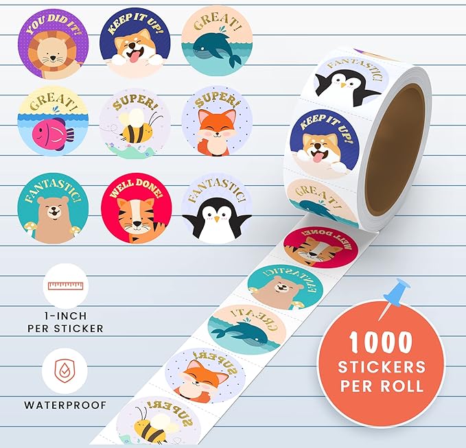 Mobiusea Creation Classroom Stickers | Gold Foil Good Job Stickers |1 Inch | 1000pcs Cute Animal Reward Sticker, Motivational Sticker for Kids, Teacher, Elementary, School, Preschool