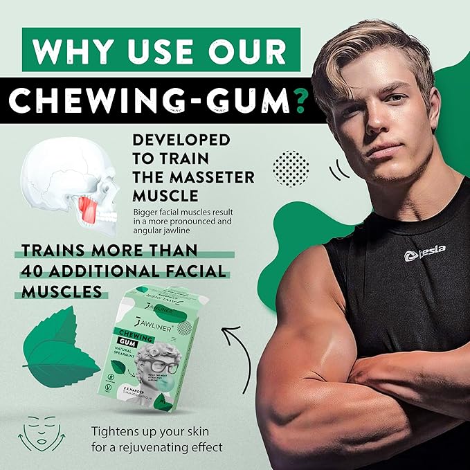 Jawliner® Hard Jwaline Chewing Gum - Sugar Free Spearmint Tough Jaw Gum - Jaw Exerciser Strong Mewing Jawline Mistic Gum - 2x Harder than Regular Chewing Gum 33 Grams (12 Strips)