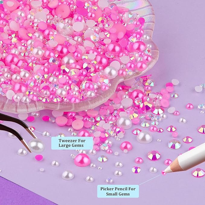 3 Boxes Flat Back Pearls&Rhinestone Kit 10 Flatback White&Peach Half Round Pearls+Resin Gems 2-8mm with Pickup Pencil and Tweezer for Home DIY and Professional Nail Art, Face Makeup and Craft