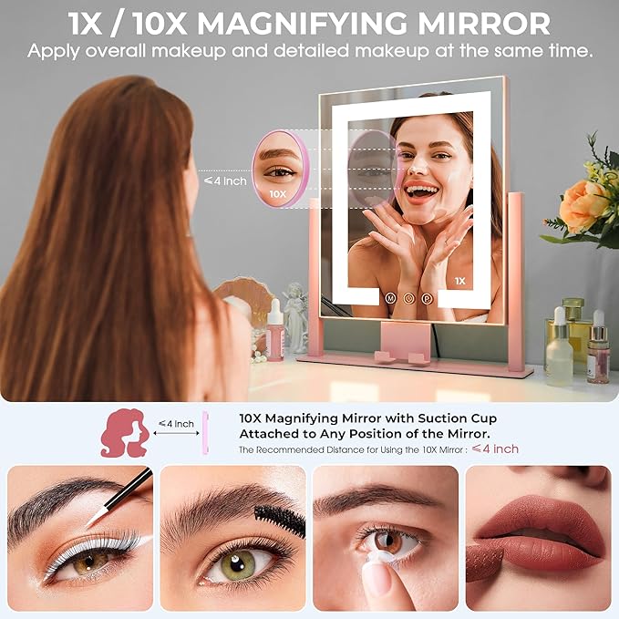 Kottova Vanity Mirror with Lights, Lighted Makeup Mirror, Smart Touch Control, Dimmable 3-Color Lights, Lighted Mirror with Detachable 10X Zoom Mirror, 360° Rotation, Metal Frame（Pink）