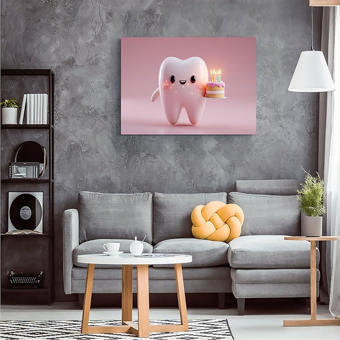 SchindlerBang Dental Office Decor,Adorable Cartoon Tooth with Birthday Cake,Fun Wall Art for Clinics,Graduation,or Medical Spaces,Cheerful Print,8x12inch Ready to Hang