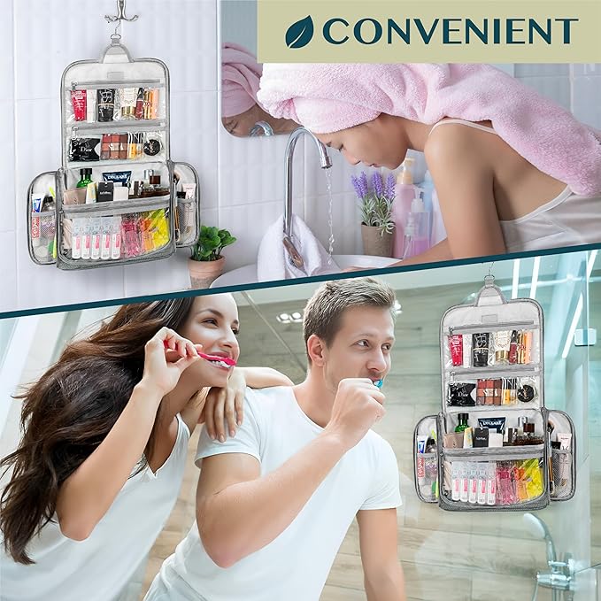 PAVILIA Large Hanging Toiletry Bag Travel Bag Women Men, Cosmetic Organizer, Water Resistant Makeup Bag Accessories Toiletries, Travel Essentials Kit, Grey