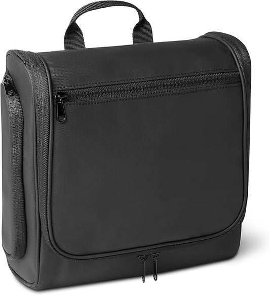 Amazon Essentials Waterproof Travel Toiletry Bag for Men and Women, Hanging Toiletry Bag, Dopp Kit with 2 Side Pockets, Multiple Interior Pockets, Handles Bathroom Spills/Splashes, Black