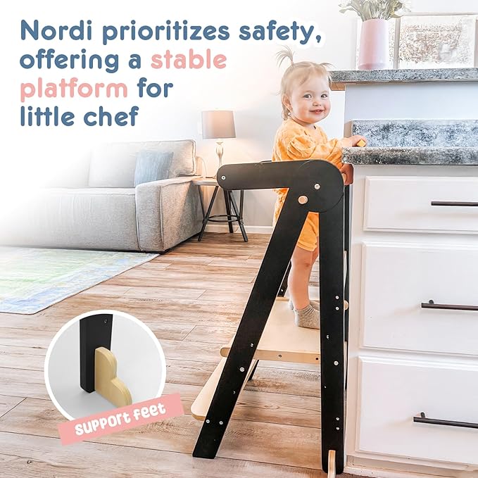 HARPPA Nordi Foldable Toddler Kitchen Tower, Montessori Kitchen Stools Helper, Standing Tower with 3 Adjustable Heights, Suitable Age for 2-6 Years, Black
