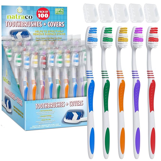 Bulk Toothbrush Pack with Covers | Premium Quality Individually Wrapped Colorful Tooth Brushes | Medium Soft Bristles for Travel, Donations, Hotels (100)