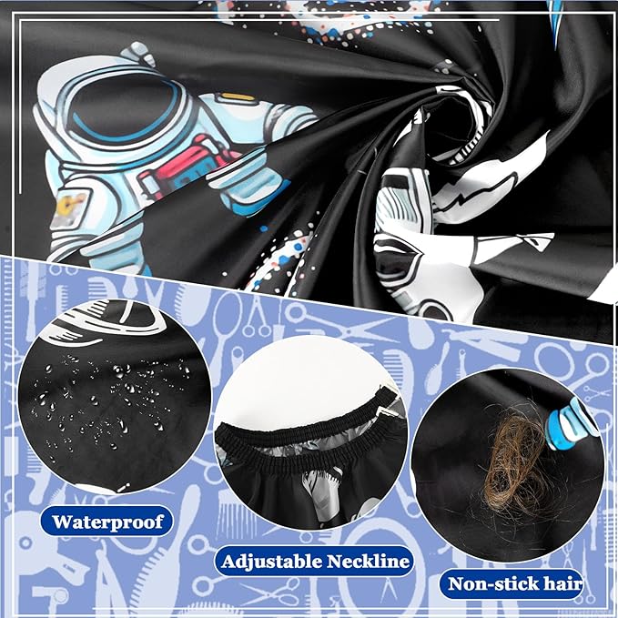 FEBSNOW Kids Hair Cutting Cape,Professional Kids Barber Cape and Neck Duster Brush Cartoon Hairdresser Apron with Adjustable Closure for Children Salon Barber Supplies(Astronaut Space Travel)