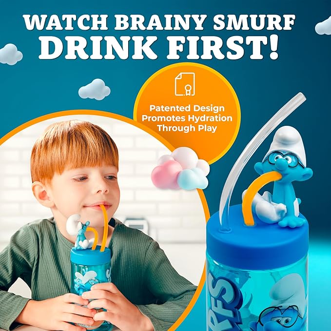 Brainy Smurf Cup, Water Bottle, Tumbler with Lid and Straw, Travel Sippy Cup for Water or Milk, Cups with Lids BPA Free Plastic, 12 oz