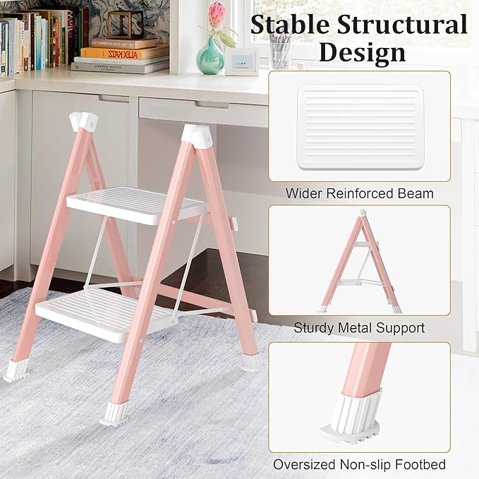 2 Step Ladder, Folding Step Stool with Anti-Slip Wide Pedal, Anti-Slip Feet, Sturdiest Steel Construction, Steel Ladder for Home and Office, Pink White