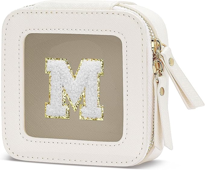 Initial Travel Toiletry Bag - Cosmetic Bags for Girls with Zipper, Clear & Potable Girls Makeup Bag for Travel, Small Cosmetic Pouch Perfect Gifts for Graduation (Beige, M)
