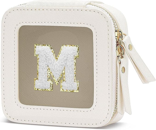Initial Travel Toiletry Bag - Cosmetic Bags for Girls with Zipper, Clear & Potable Girls Makeup Bag for Travel, Small Cosmetic Pouch Perfect Gifts for Graduation (Beige, M)