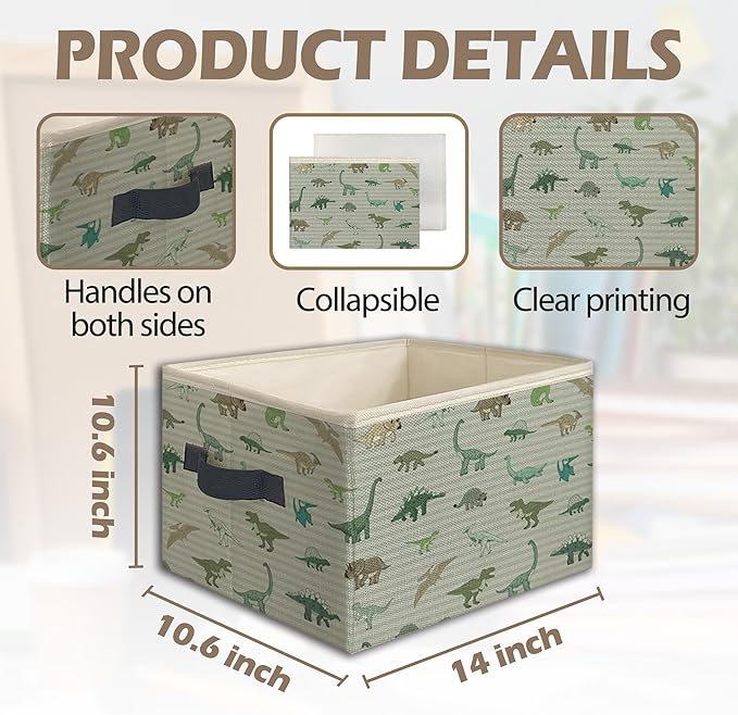 Dinosaur Foldable Storage Bins Box with Handles, Vintage Gray Striped Dinosaurs Collapsible Toys Books Clothes Organizer Basket for Kids Boys Bedroom Bathroom Dorm Nursery