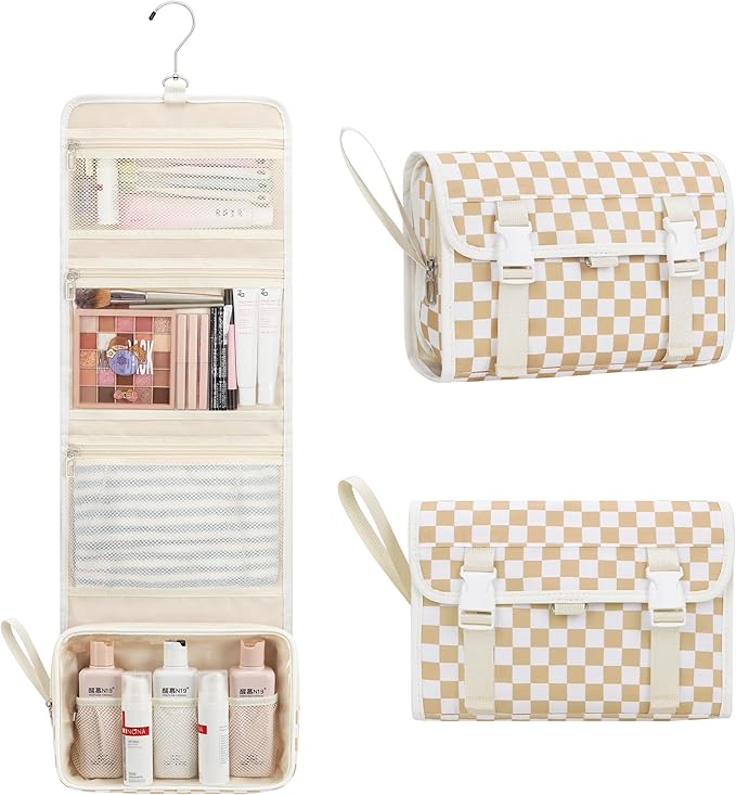 Relavel Hanging Toiletry Bag for Women, Hanging Makeup Organizer with Travel Size Toiletries, Portable Bathroom Travel Bag with Hook for Shaving Kit, Shampoo, Conditioner for Trip - Plaid