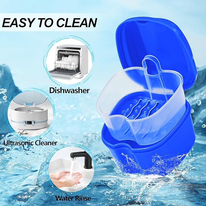 2 Pack Denture Bath Case Cup with Lid and Strainer Basket, Retainer Cleaner Case Dental False Teeth Container with 2 Travel Brushes, Lake Green and Dark Blue