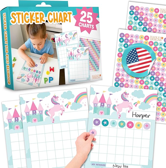 Sticker Chart for Kids Behavior at Home & Classroom - 25 Reward Chart for Kids Incentives, Gold Star Sticker Sheets, Unicorn Incentive Charts for Classroom Must Haves