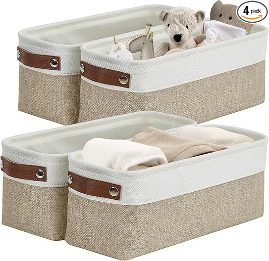 DECOMOMO Narrow Storage Bins Small Baskets for Organizing Bathroom, Toilet Tank, Towel Storage, Entryway, Gifts (Beige and White - Set of 4)
