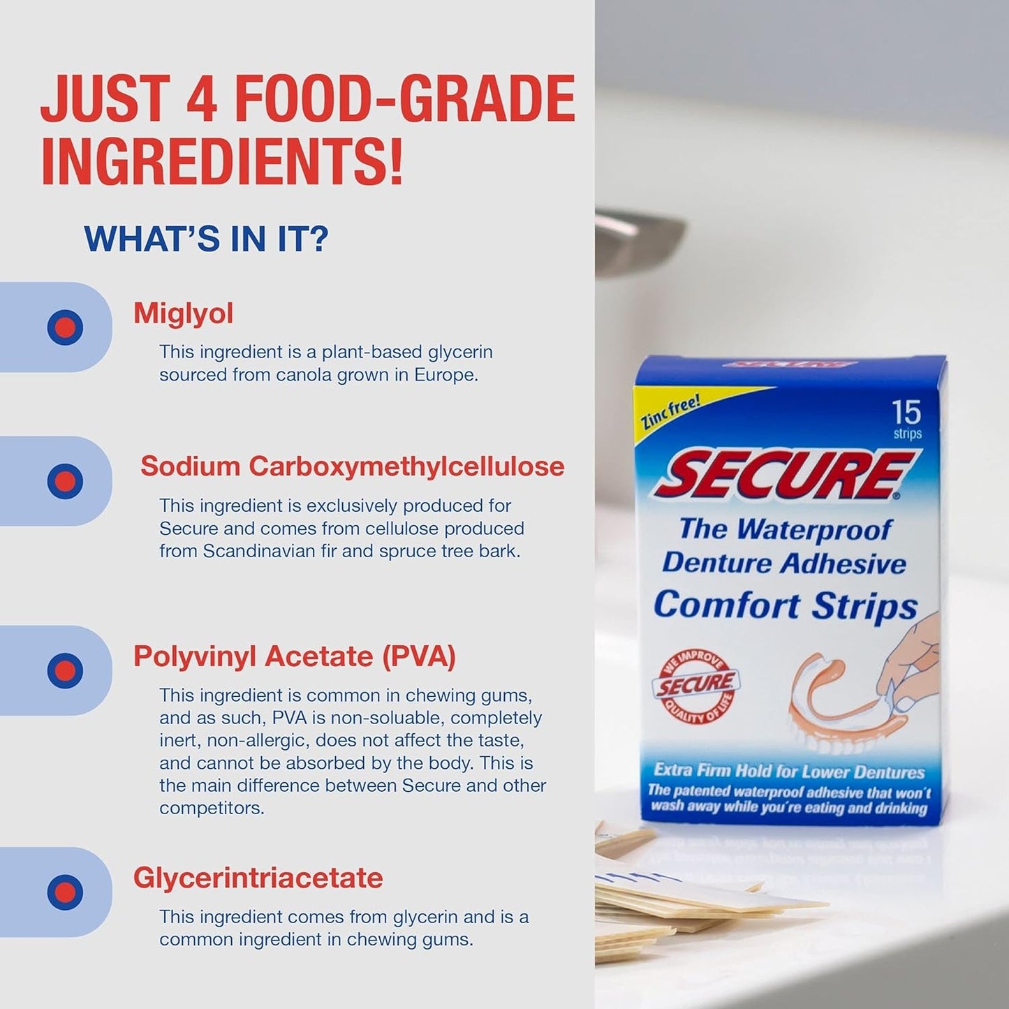 Secure Denture Adhesive Strips – Zinc Free – Waterproof – Comfortable Cushion Fit for Lowers – Extra Firm All-Day-Hold – No Mess – Clean Ingredients - 30 Strips (2 Pack)