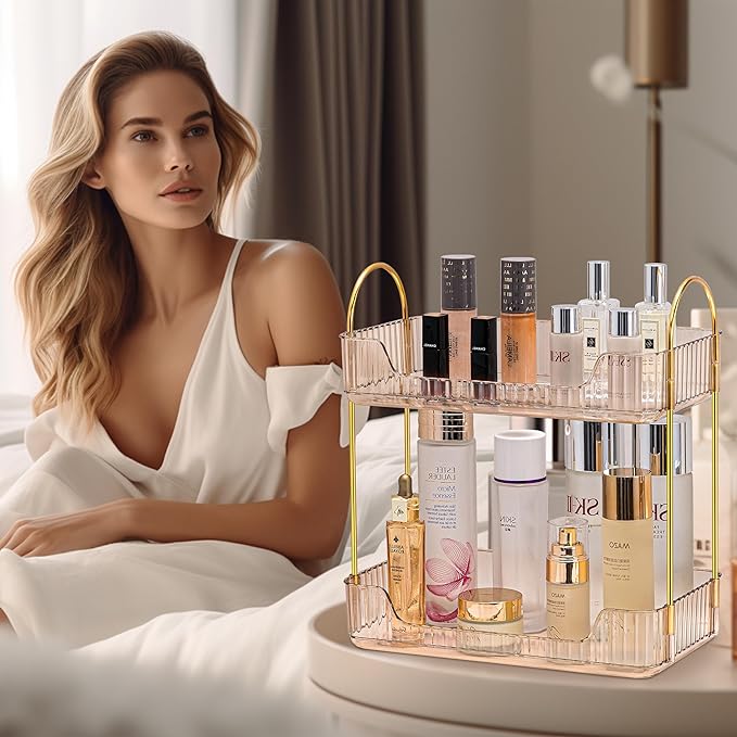 2 Tier Bathroom Organizer Countertop Makeup Perfume Tray Skincare Organizer for Bathroom Dresser Vanity (Gold)