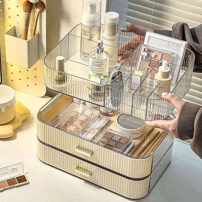 Makeup Organizer with Stackable Drawers, Bathroom Countertop Vanity Organizers and Storage, Ideal for Desk and Dresser, Great for Cosmetics, skin Care, Lipsticks, Nail Care -Cream White