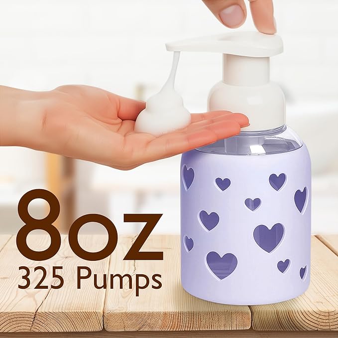 SoCal Suds & Company Glass Foaming Hand Soap Dispenser, Heart Silicone Sleeve, Refillable Pump Bottle for Kids, Baby Wash & Shampoo, Ideal for Home Use, Soft Purple 8oz