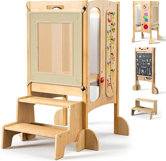 FlyingBoom Foldable Toddler Tower, Kitchen Stool Helper with 2 Step Stool, Toddler Standing Tower for Kids with Safety Net, Adjustable Height, Chalk-Whiteboard &Montessori Activity Games