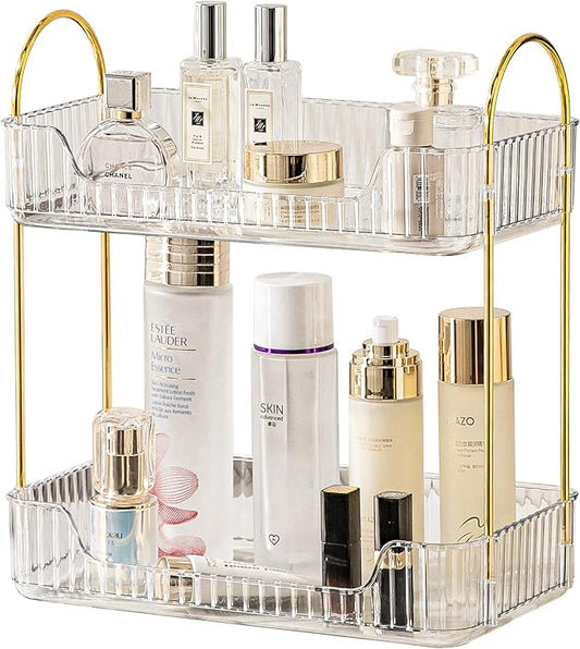 2 Tier Bathroom Organizer Countertop Makeup Perfume Tray Skincare Organizer for Bathroom Dresser Vanity (White)