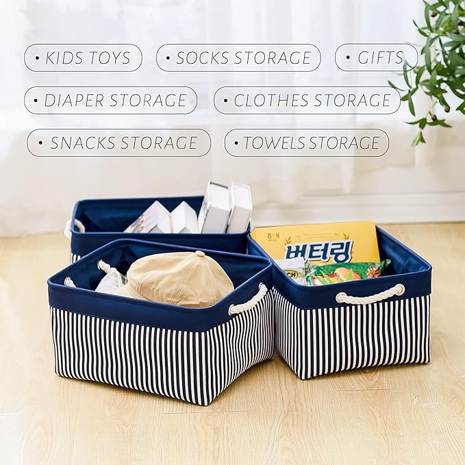 TcaFmac Storage Basket for Organizing - Large 4 Pack Foldable Storage Bins Baskets for Shelves with Ropes, Fabric Storage Cubes for Cloth Toy Gift Kids (Navy & White 16x12x8 inch)